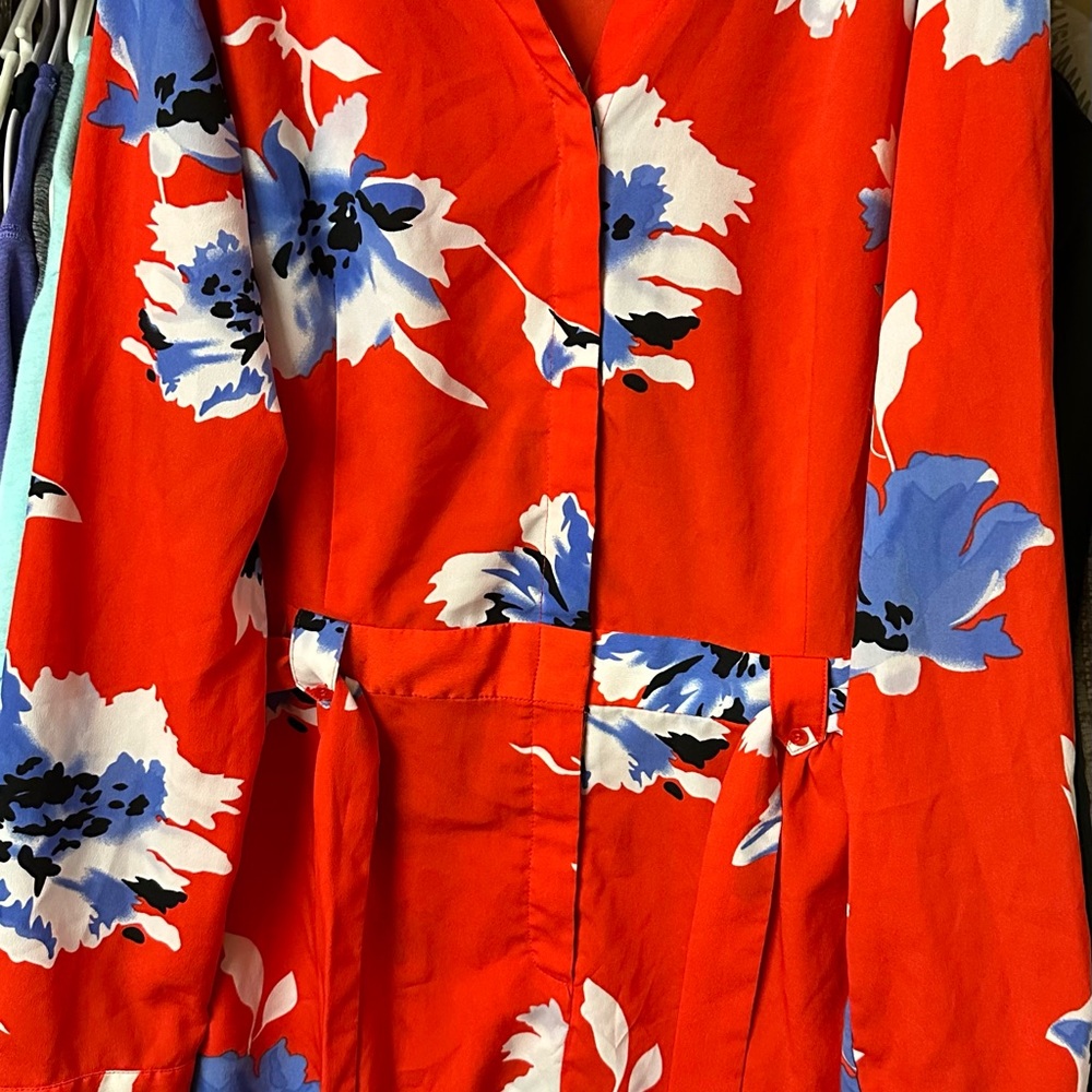 Floral Long Sleeve Dress - Red and Blue